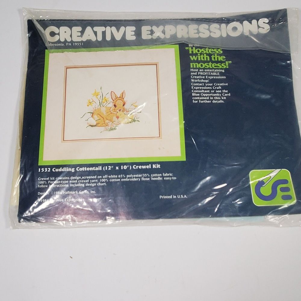 Vintage 1984 Crewel Kit 10"x12" Cuddling Cottontail #1532 Rabbit & Chick Easter
